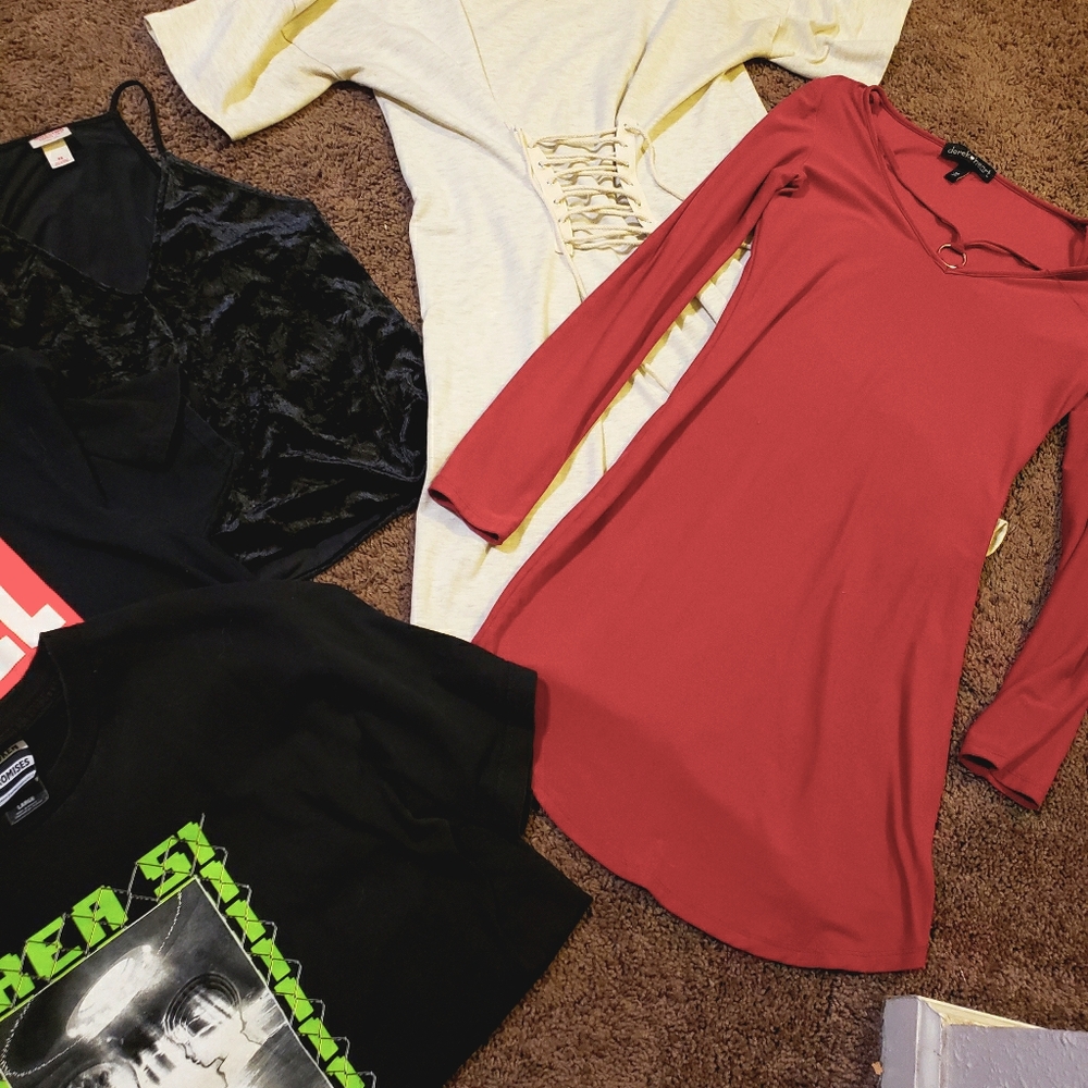 Two Crop tops Large, Two Dresses Medium, One silk